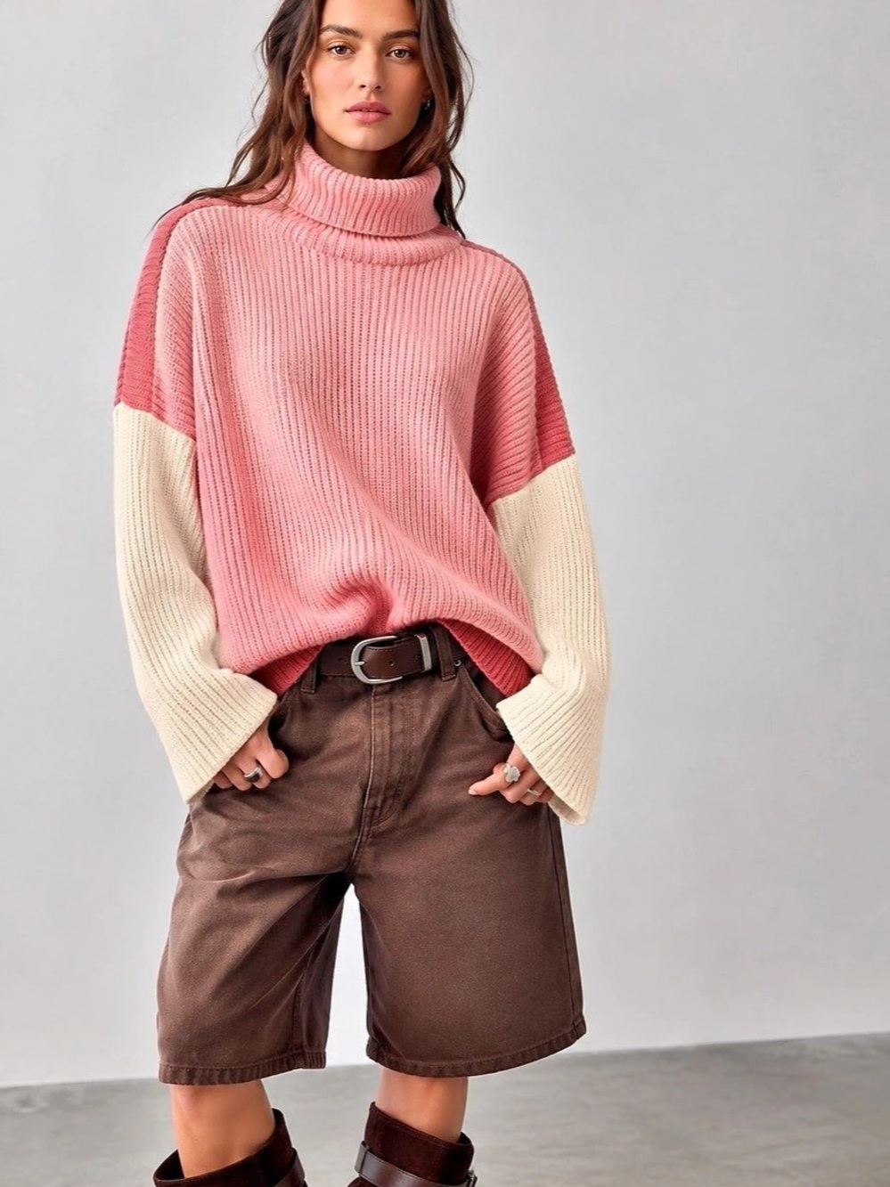 425. zeagoo Color Block Turtleneck Sweater in Pink & Cream Size XL Like New